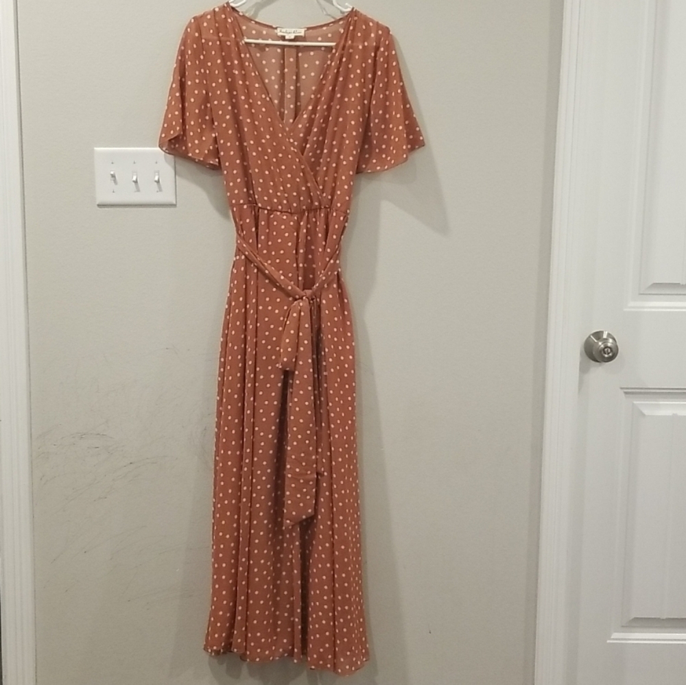 Indigo Rose Orange/Brown Polka Dot Short Sleeve Maxi Dress Size Medium